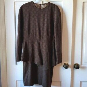 Vintage 80s wool dress with peplum and shoulder pads brown